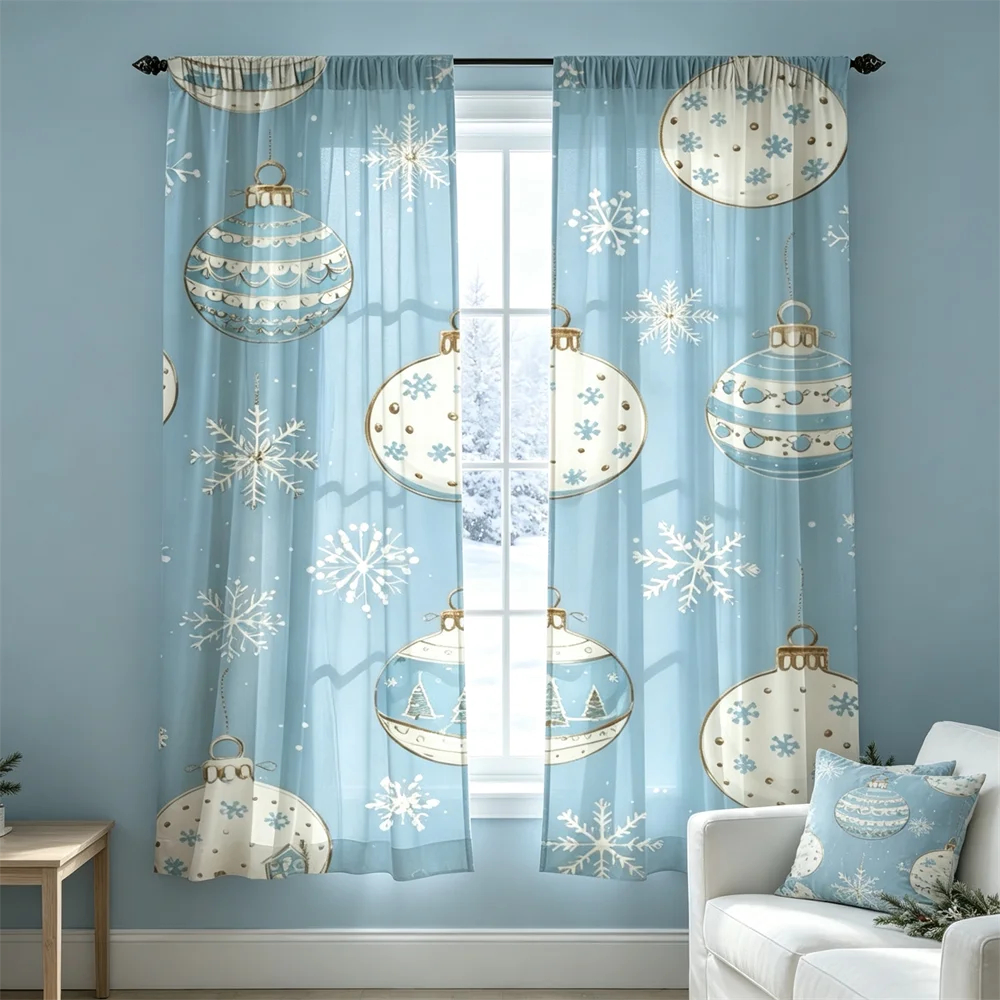 2PCS Christmas Curtains, Baubles snowflakes Print, Bedroom Living Room Window Drapes, Rod Pocket Polyester, Home Decor
