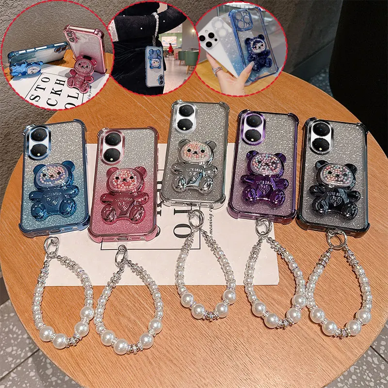 Cute Bear Cartoon Holder Pearl Lanyard Strap Shockproof Glitter Phone Case For Huawei Honor X7 7 4G Play 30 Plus Back Cover