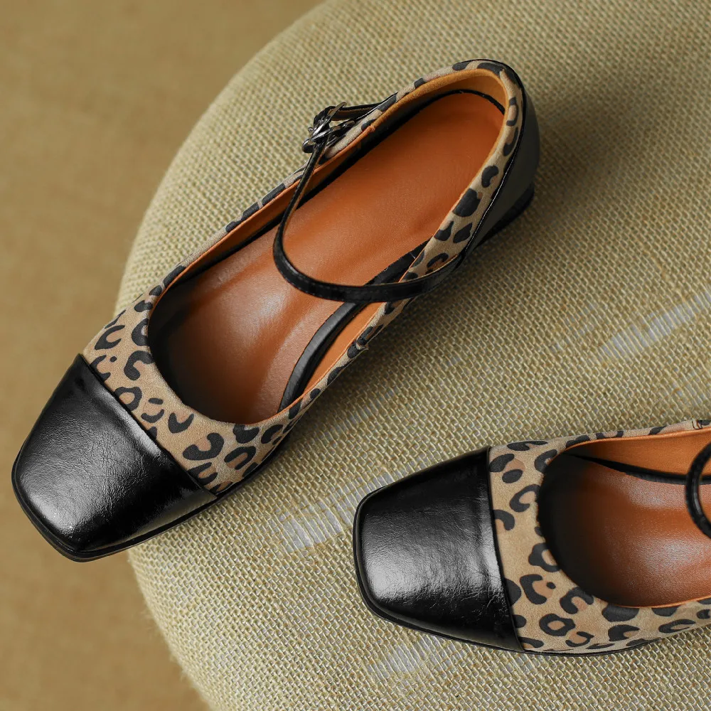 Women\'s genuine leather leopard fabric patchwork square toe metal belt slip-on mary jane flats leisure soft comfortable shoes