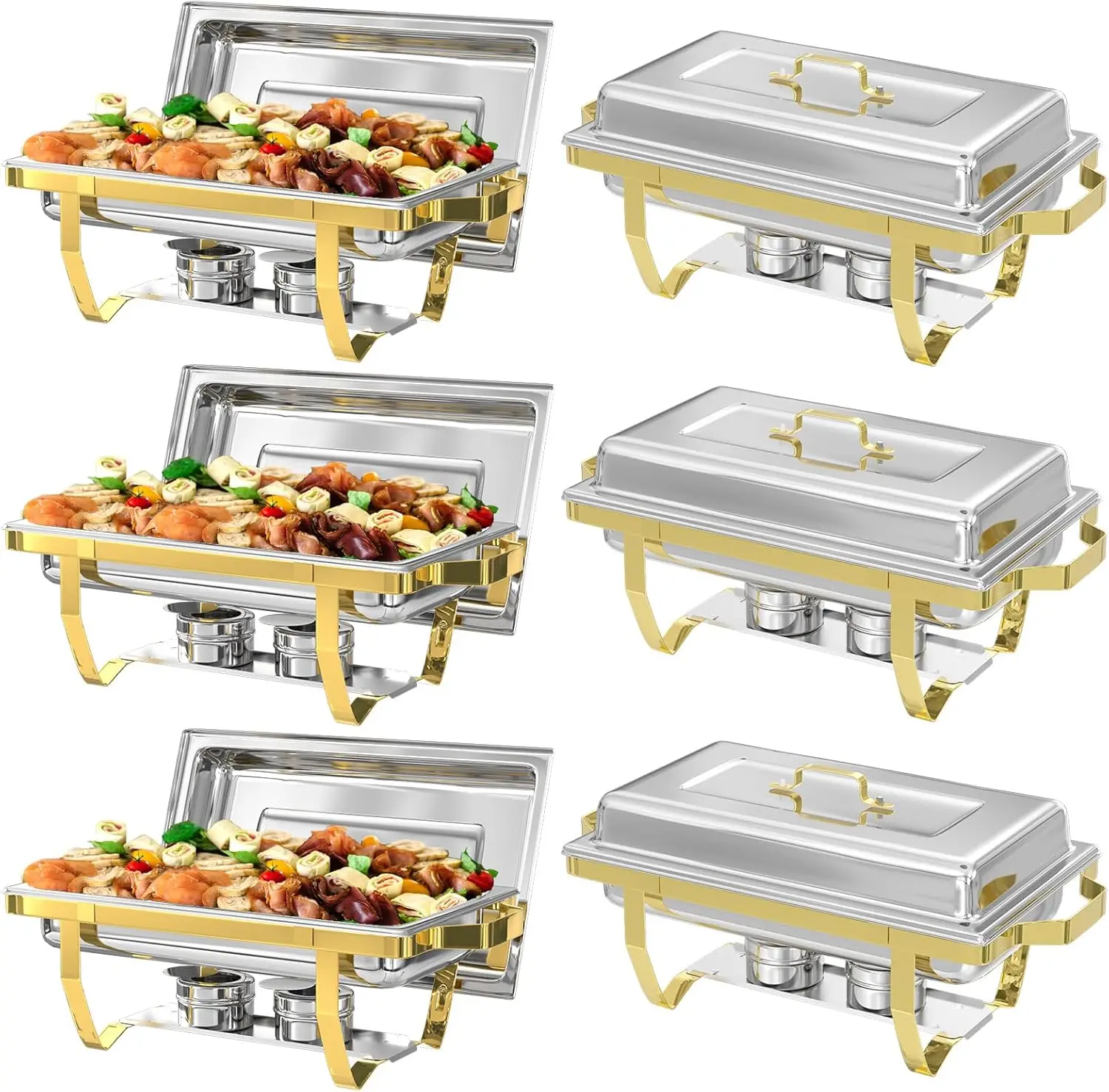 Chafing Dish Buffet Sets Of 6, 8Qt Stainless Steel Rectangular Chafers And Buffet Warmer Sets For Catering, With Food & Water