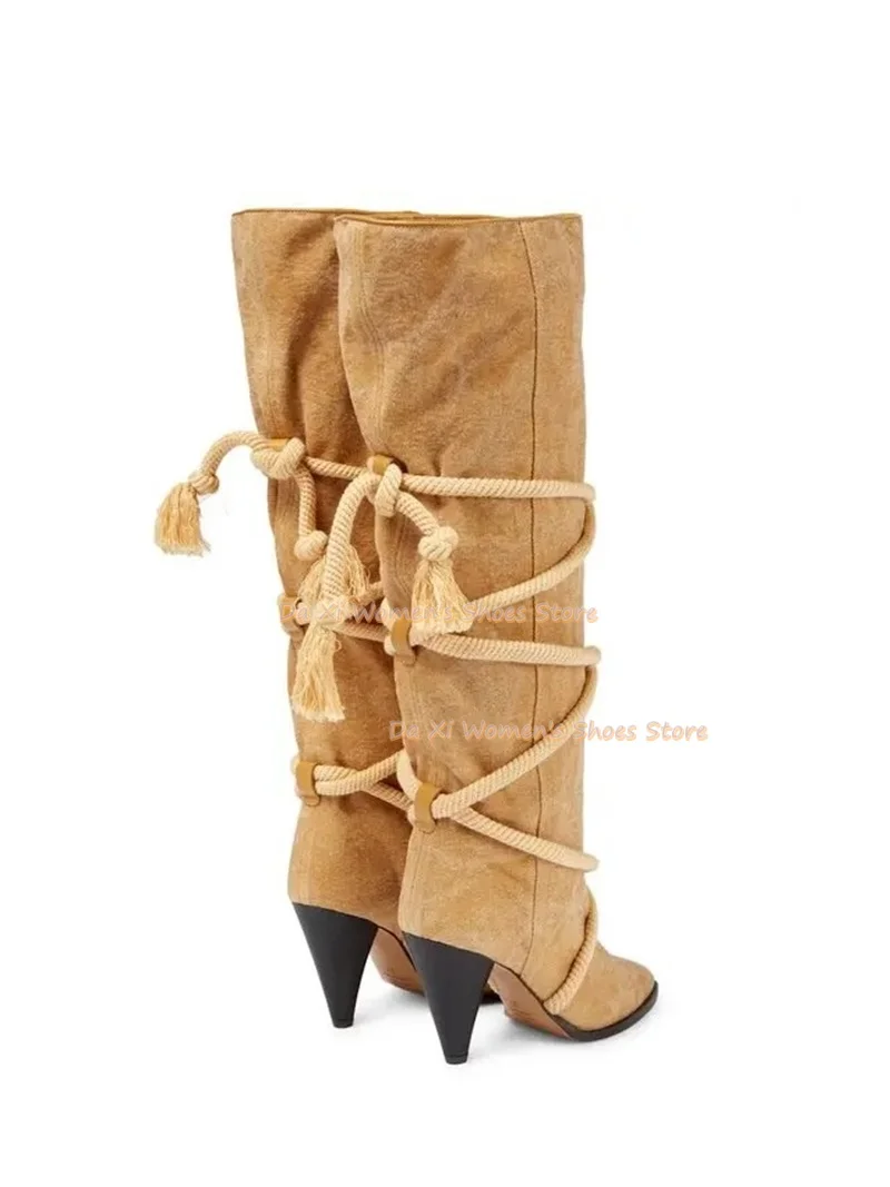 Khaki Faux Suede Knee High Boots Pointed Toe Cone Heel Rope Wrap Tassel Decor Tall Boots Western Party Luxury Women's Shoes 2026