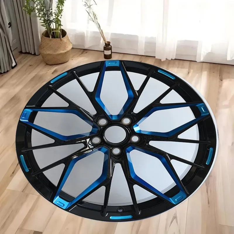 Car Wheel Rim Design Round Rug – Metallic Silver Blue 3D Industrial Carpet with Anti-Slip Backing for Modern Home Decor