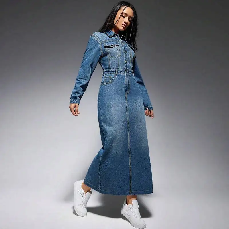218616 New Women's Clothing Long Sleeved Lapel Button Slit Long Dress Kaftan Woman 2025 Summer Dress Robe Vestido Women Elegant