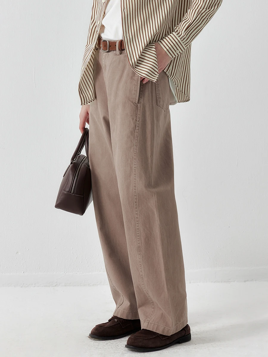 

High Waist Belted Knife-Shape Cotton Denim Pants Retro Brown Metal Women's Wide Leg Pants Casual Straight Cut Four Seasons