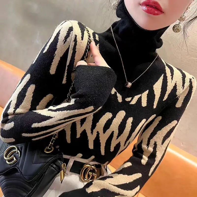 Women Clothing Elegant Chic Long Sleeve Turtleneck Turtleneck Autumn Winter Fashion All-match Slim Knit Pullovers Geometric Tops