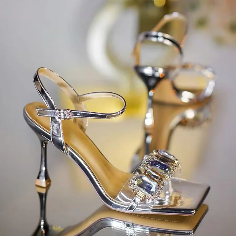 

Gold Silver High Heels Sandals Women 2024 Summer Square Toe Shiny Crystal Sandals Woman Ankle Straps Thin Heel Party Pumps Shoes