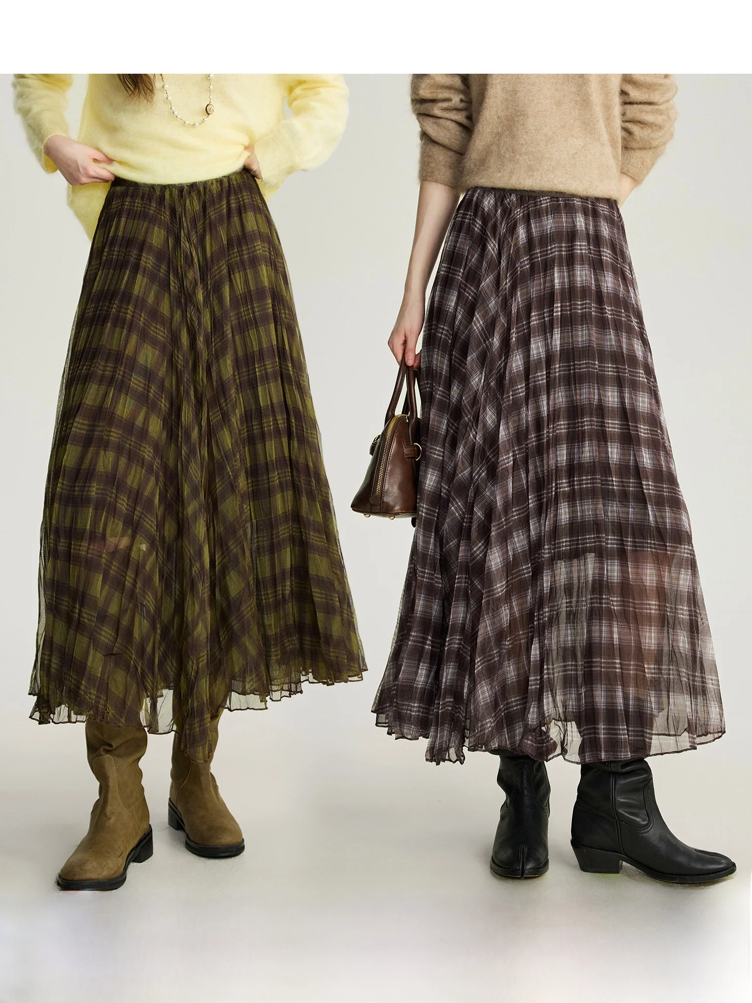 

Lightweight Chiffon Retro Color Blo Plaid Briti Wave Sle f Skirt for Casual Wear A-Line Skirt Polyester Fiber Printed