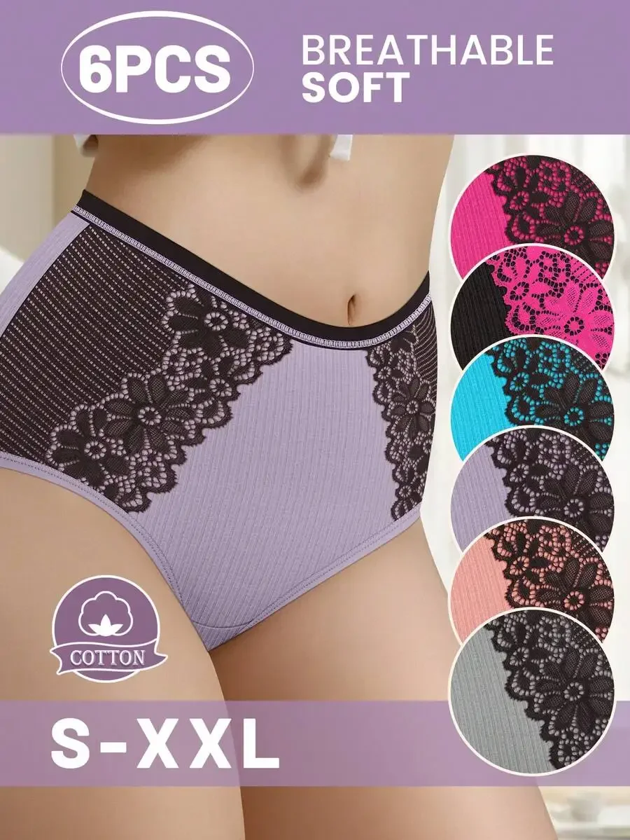 

6pcs Women Cotton Lace Trim Jacquard Briefs Soft Breathable Underwear