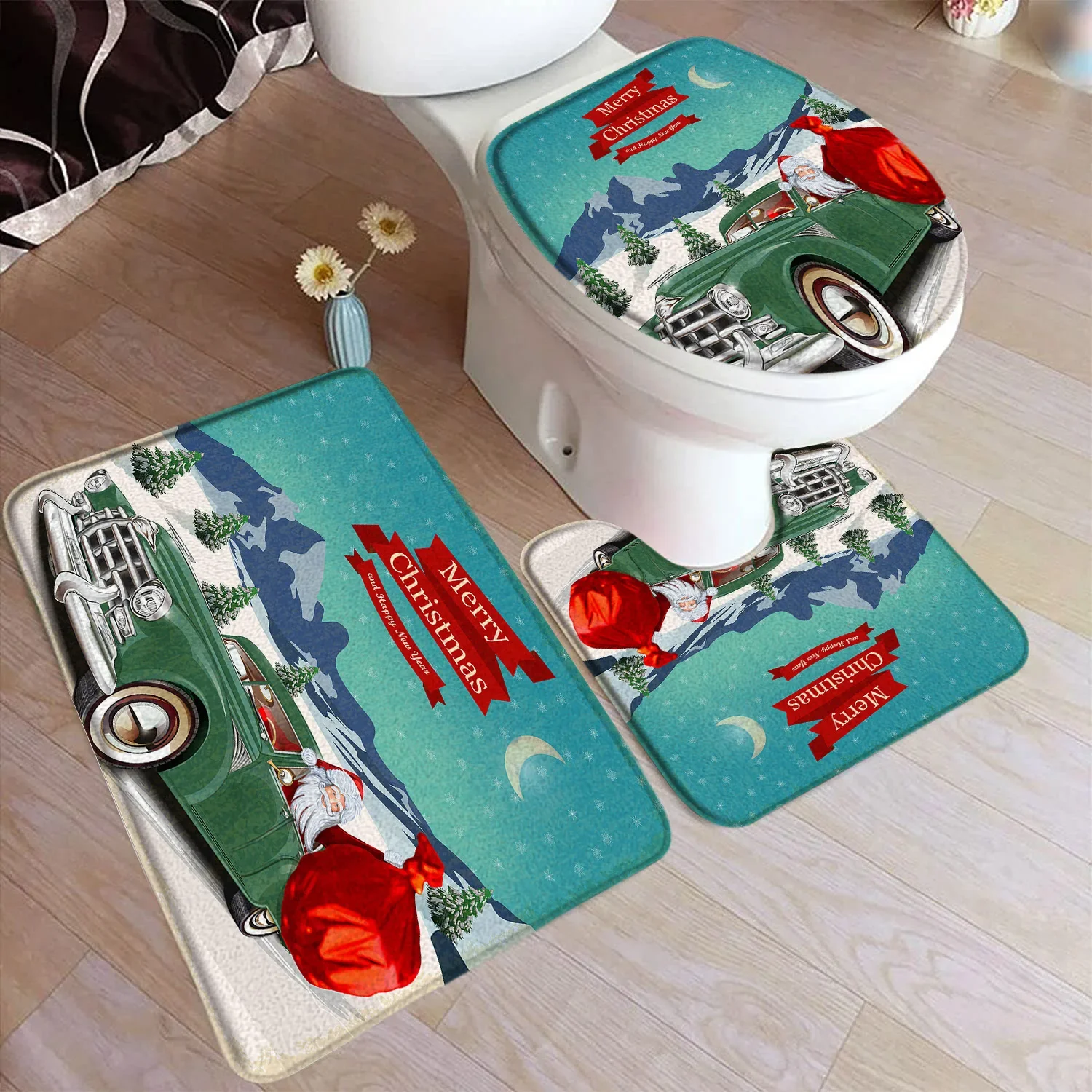 Christmas Bath Mat Set Red Xmas Balls Snowflakes Snowman Santa Claus New Year Non-slip Toilet Lid Rug Bathroom Accessory Sets