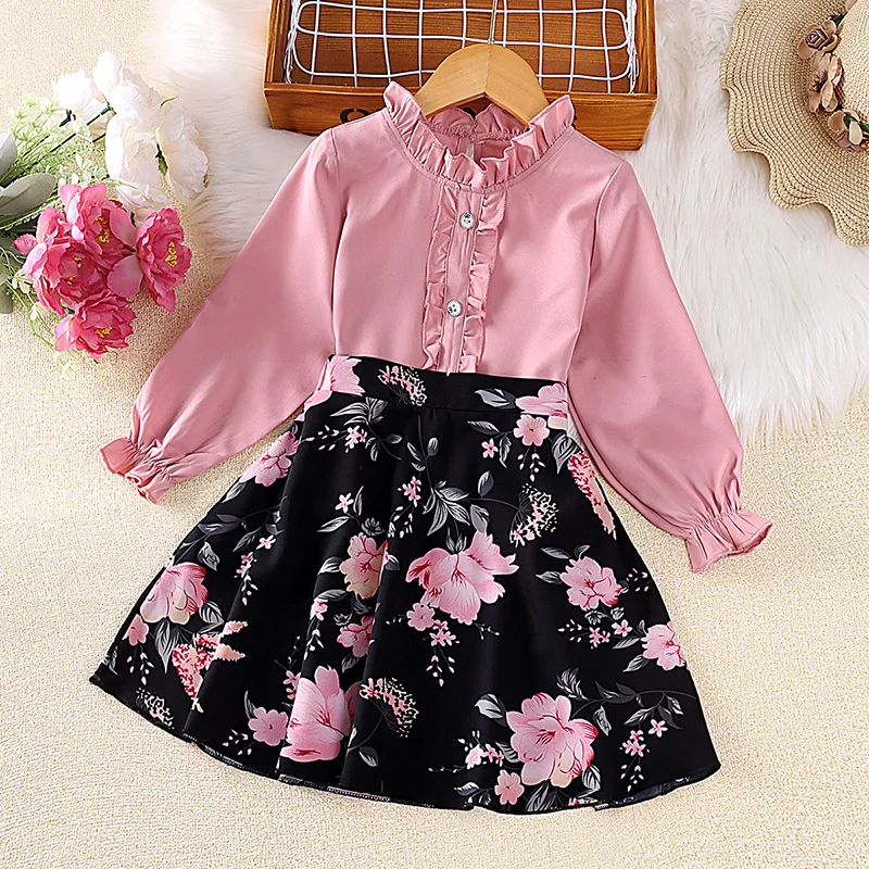 Girls Sets 4-7 Years Little Girl Pink Lace Stand Collar Long Sleeve Top + Black Printed Skirt Korean Style Suits