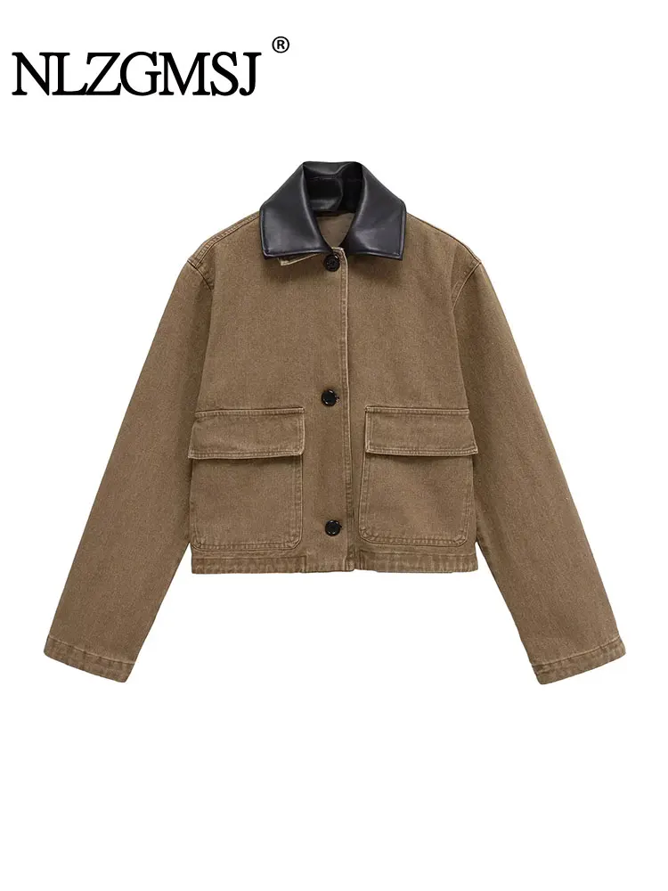 

NLZGMSJ Vintage Casual Chic Women Jackets Solid Turn-down Collar Pockets Loose Short Coats Fashion Autumn Outwears