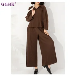 GGHK Miyake Pleated Women 2 Piece Set Pure Color Vintage Hooded Design Top High Waisted Loose Wide Leg Pants Female New Set