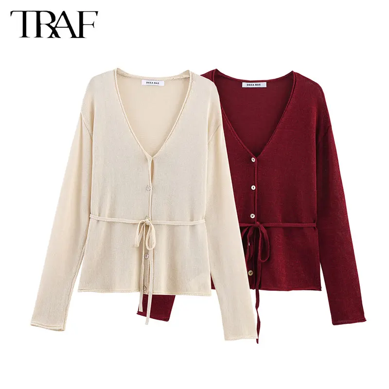 

TRAF повседневные 2025 вязаные однотонные винтажные женские свитера с v-образным вырезом, свободная однобортная уличная одежда, шикарный элегантный трикотаж Mujer