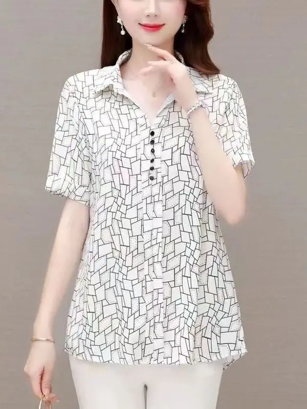 

Женская шифоновая блузка с эффектом похудения, свободного кроя, скрывающая живот, новая модель для женщин среднего возраста, модная.