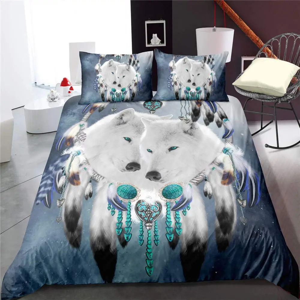 

Wolf Dreamcatcher Duvet Cover Set Full Size Indian Dreamcatcher Animal 3D Bedding Set Exotic Style Bohemia Comforter/Quilt Cover