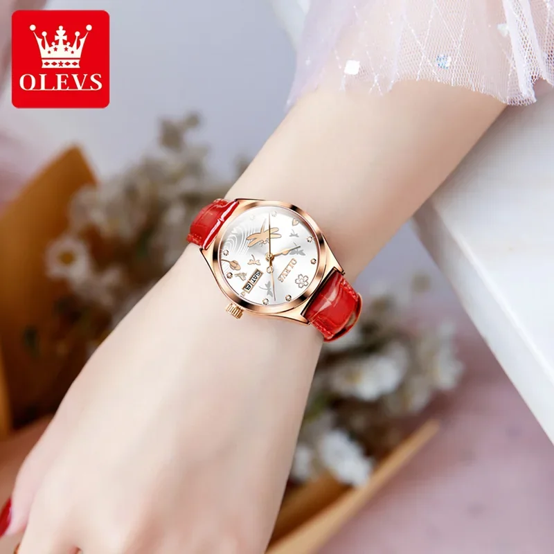 Olevs, reloj de vestir de lujo para mujer, pulsera informal para mujer, relojes mecánicos de cuero, reloj de moda, reloj femenino 6611