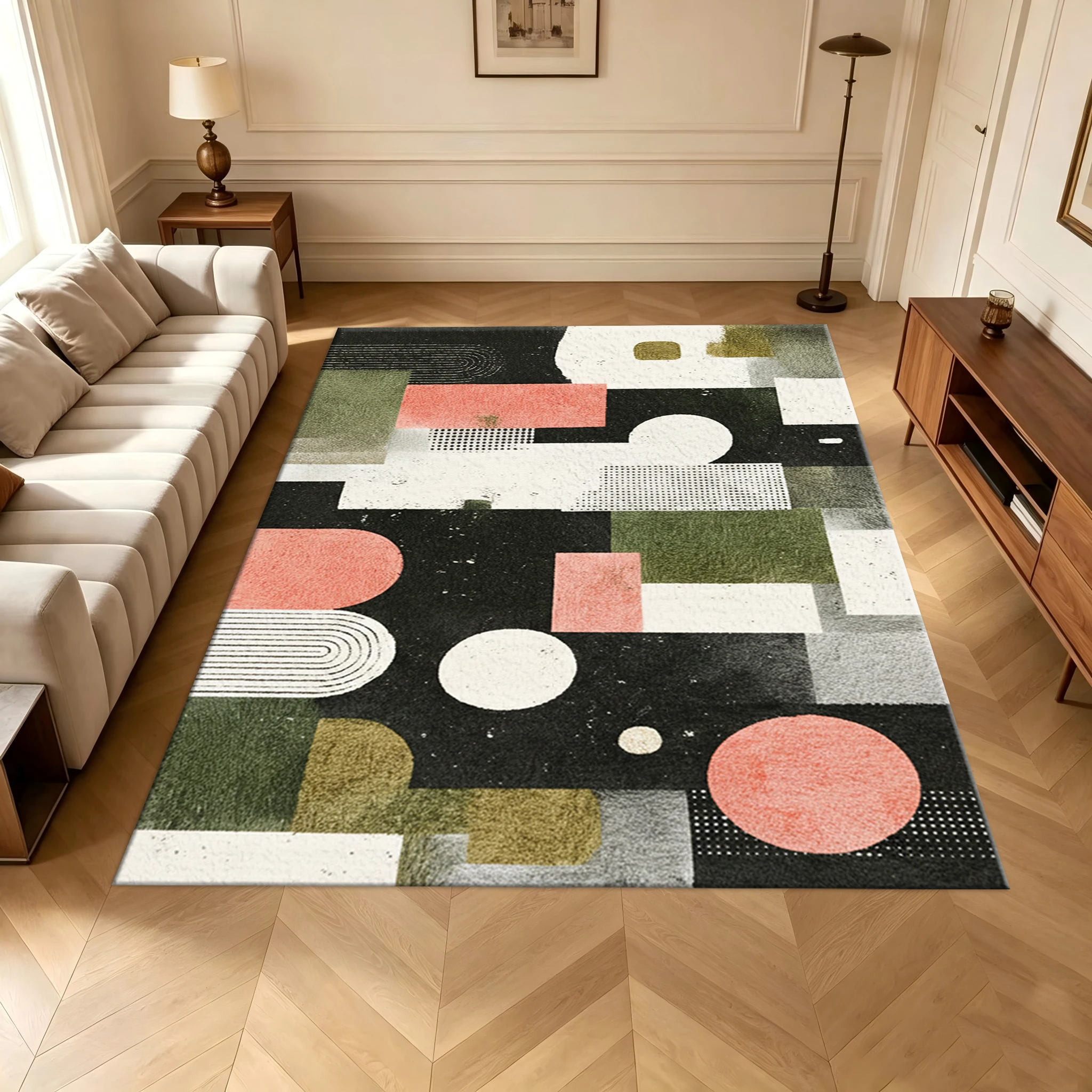 Mid Century Modern Abstract Geometric Area Rug Retro Color Block Art Floor Carpet for Living Room Bedroom Home Decor