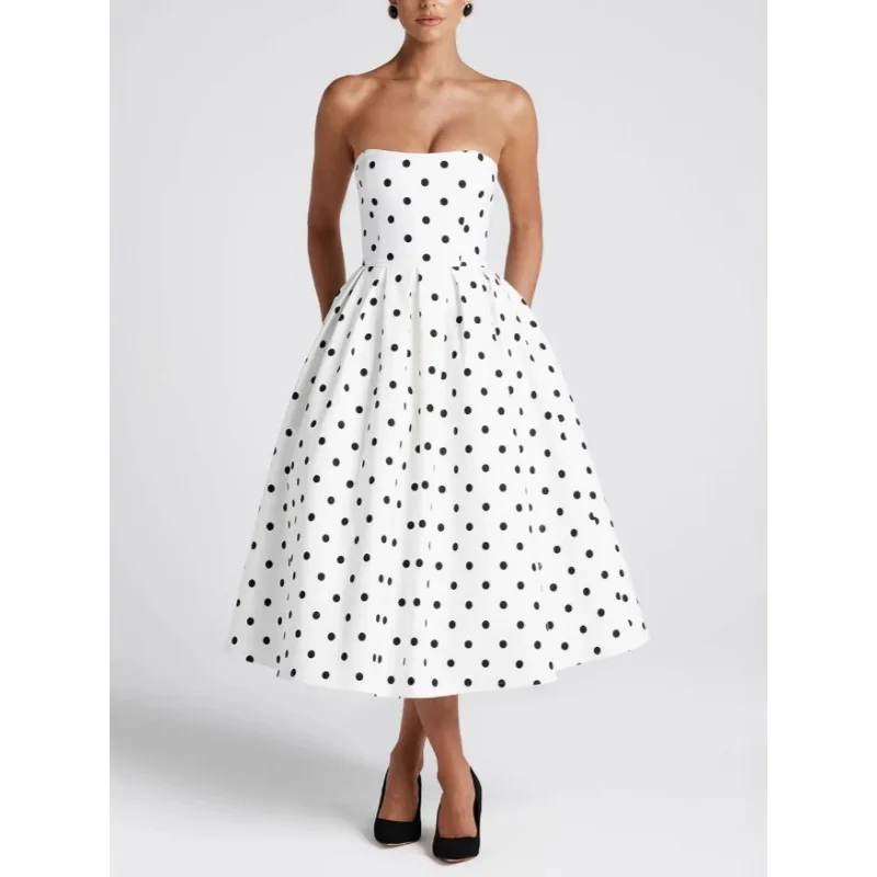 Vestido de cóctel sin tirantes con hombros descubiertos para mujer, elegante vestido de noche Formal para graduación y boda con falda plisada de lunares