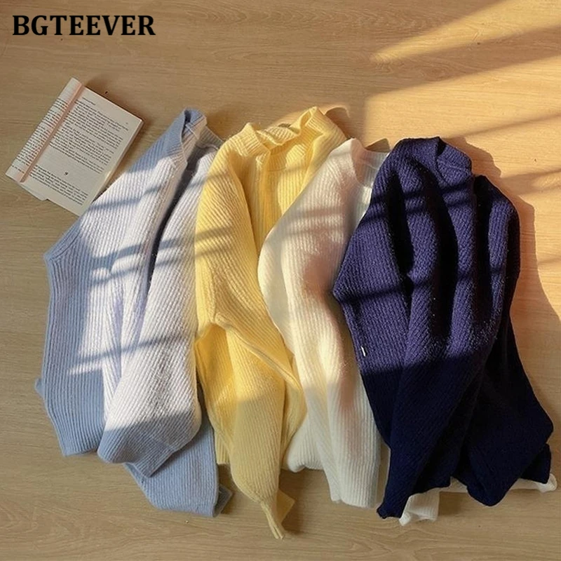 BGTEEVER Casual Loose O-neck Women Sweaters Jumpers Autumn Winter Long Sleeve Loose Candy Color Ladies Knitted Pullovers