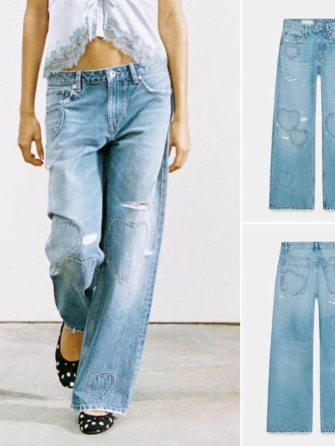 Spring New Casual Heart Shaped Hole Boyfriend Style Loose Cuffed Denim Jeans Women's Premium Fashion Blue Natural Waist