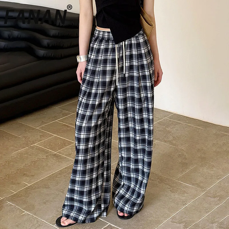 

FANAN Vintage Plaid Drawstring Pants For Women Elastic High Waist Wide Leg Trousers Casual Loose Clothing 2025 Summer New