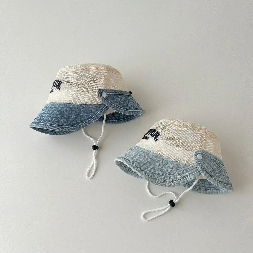 

2-6Y Kids Summer Mesh Sun Hat Denim Brim Bucket Cap with Neck Flap Boys Girls Fashion Breathable Children Outdoor Hat