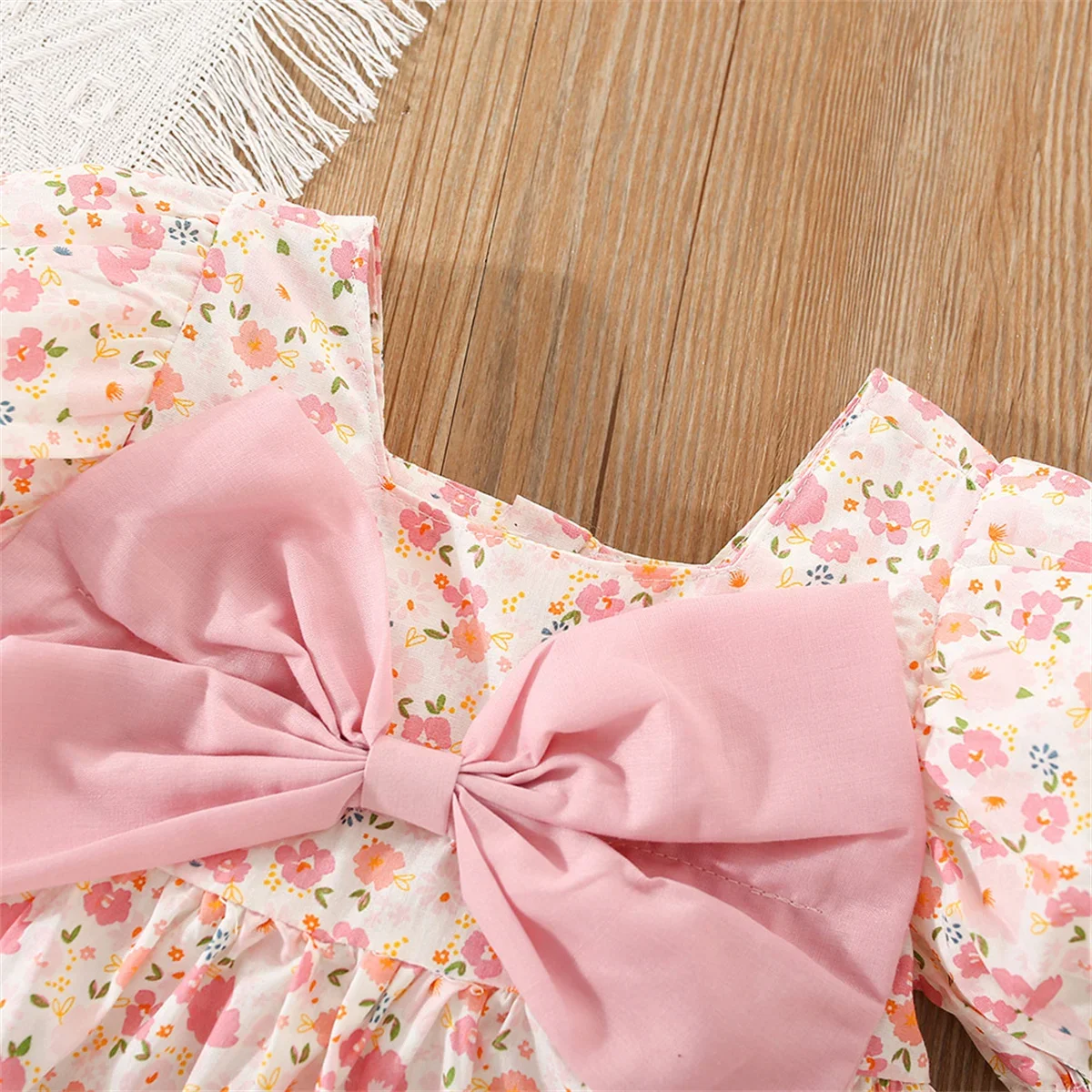 Small Floral Pink Large Bow Baby Dress, New Summer Girl Baby Bubble Sleeve Dress