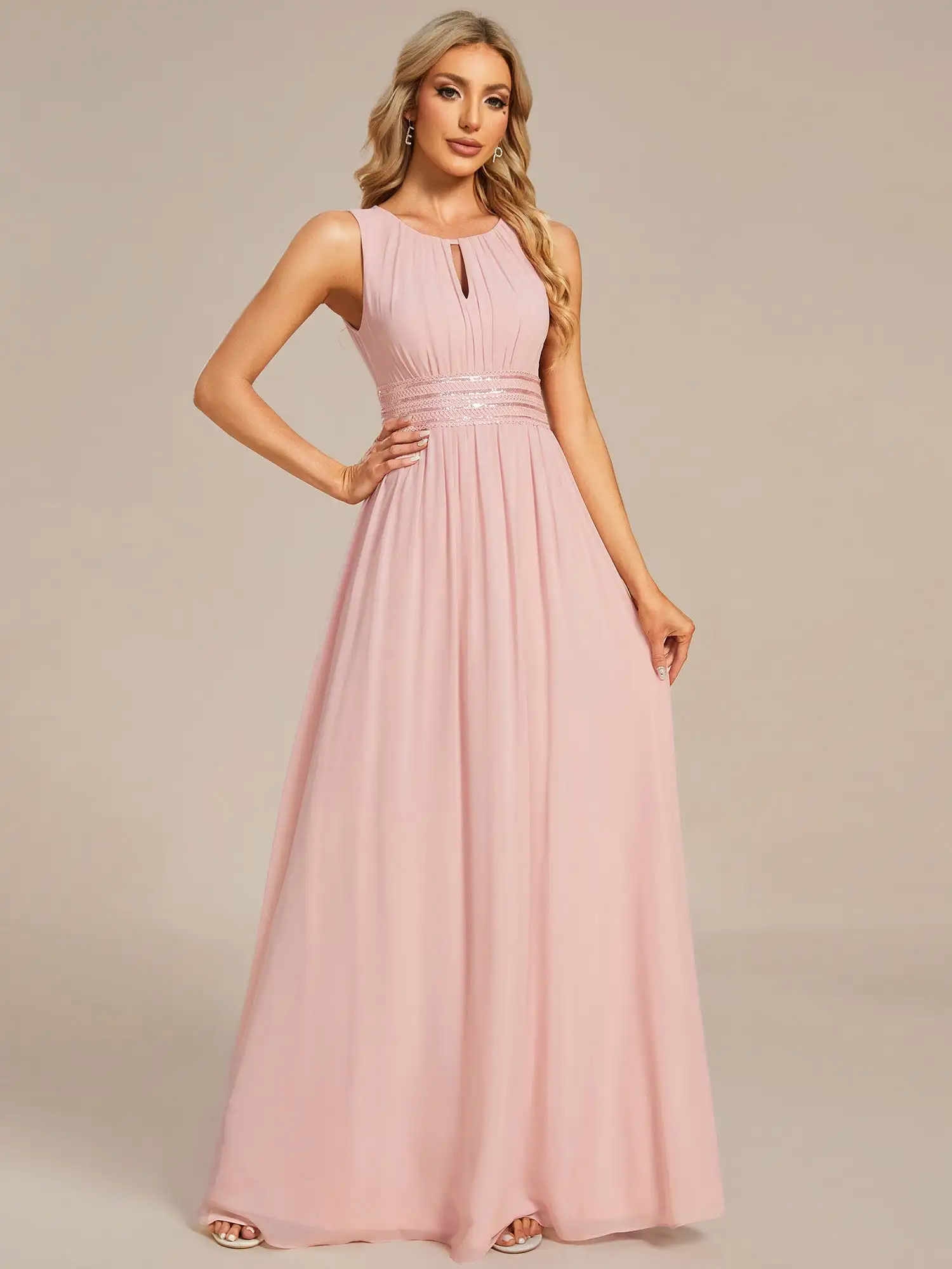 

Sexy Evening Dresses O-Neck Floor-Length Sleeveless Chiffon elicate hollow detailing 2025 Ever Pretty of Pink Bridesmaid dress