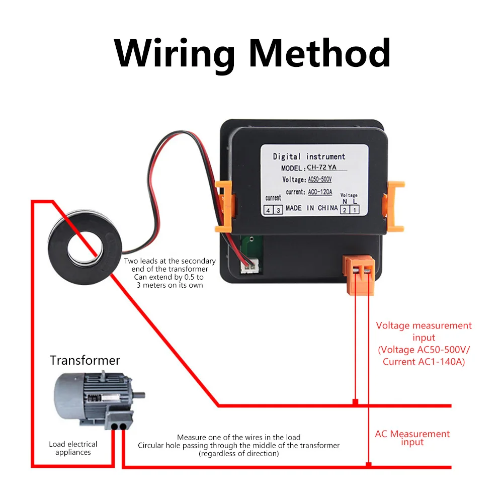 AC Digital Ammeter Voltmeter Frequency meter Digital Display Current Voltage CH-72VA 1-120A 50-500V for pure AC 50-63HZ mains