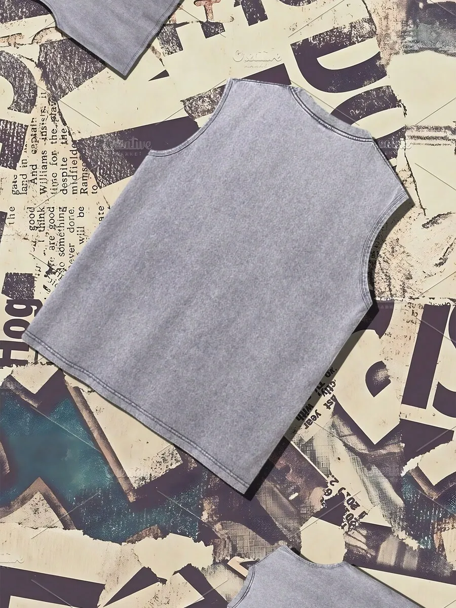 

Washed Cotton Sleeveless Vest Solid Gray Casual Vintage Style