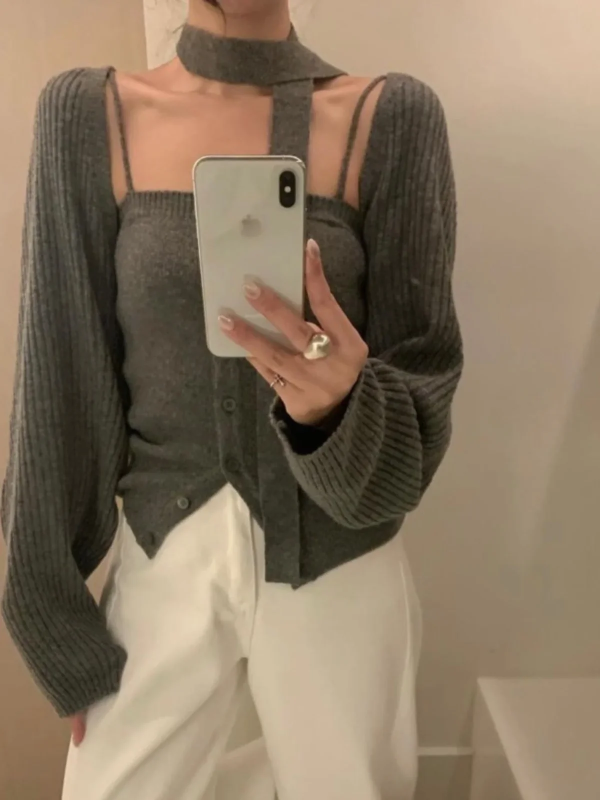 2024 Long Sleeve Knit Cardigan Women Chic Korean Sle Pure Desire Sle Crop Sweater + Fashion Base Cami Two-piece Set Q48