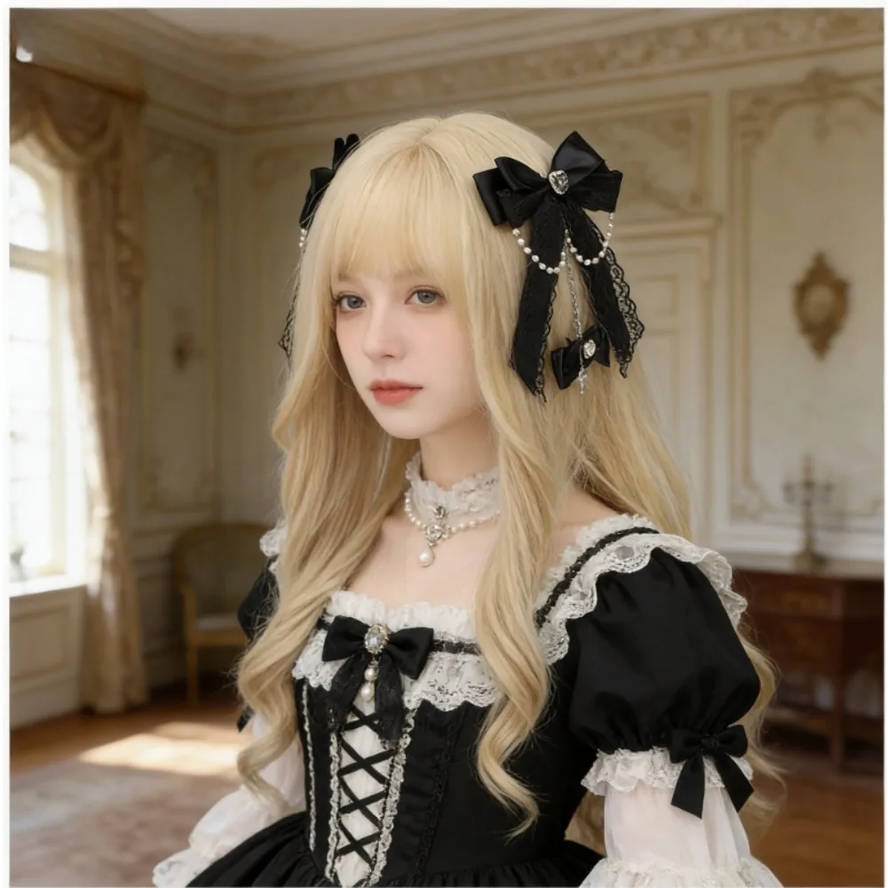 

Gothic Fallen Angel Hair Clip with Lace Bow and Rhinestone Chains for Women Cute Goth Subculture Hair Accessories