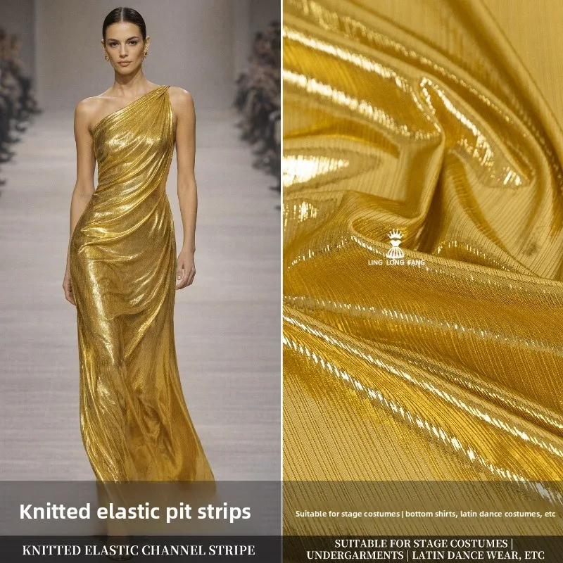 Golden Beauty Strip Knitted Elastic Pit Strip Fabric Stage Performance Clothing Designer Cloth By The Meter 143cm Wide 255g/m