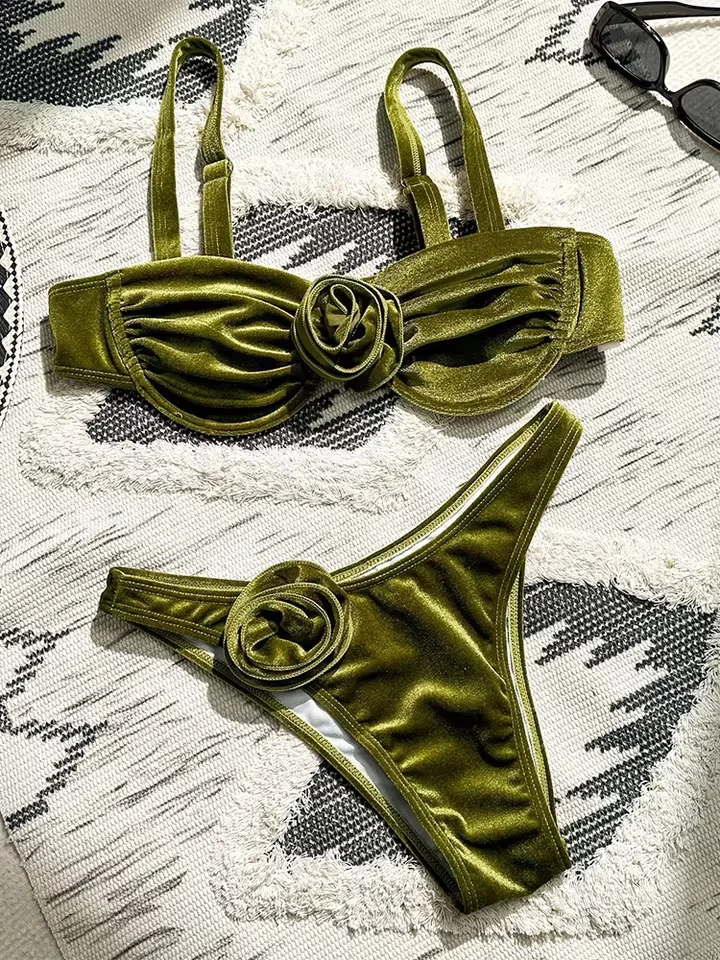 Vzvn Sexy Solid 3D Flower Bikini Set Women Split Swimsuit Beach Vacation Bikini 2026 New All Season Backless Bikinis 2 Piece Set