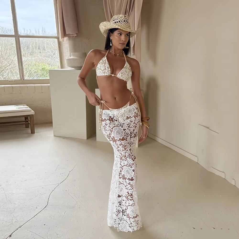 

Sexy White Lace 3 Pieces Bikini Women Swimsuit Swimwear Long Sarong Cover Up Bikini Set Beachwear Bathing Suit Swimming