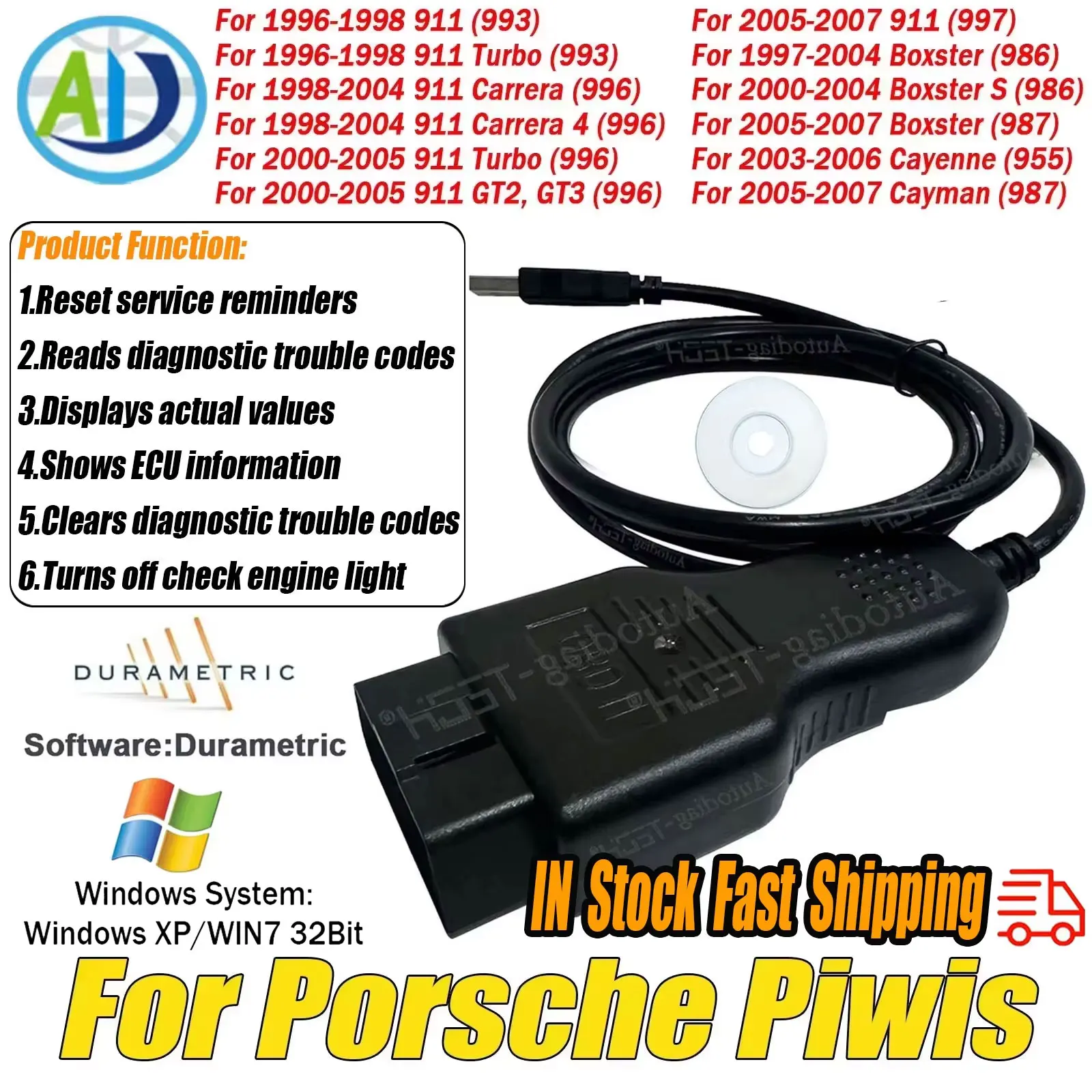 OBD2 USB Scanner for Porsche Piwis Compatible with Durametrice Automatic Diagnostic Tool for Porsche 911 Turbo/Carrera/GT2/GT3