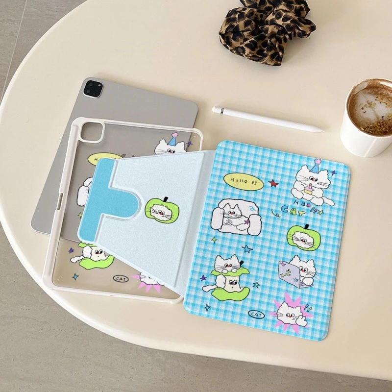 Cute Blue Plaid LCat Tablet Case For iPad Pro 11 12.9 13 A16 M2 M4 M3 M5 8.3 9.7 10.2 5/6/7/8/9/10/11th Mini Air 3 4 5 Cover