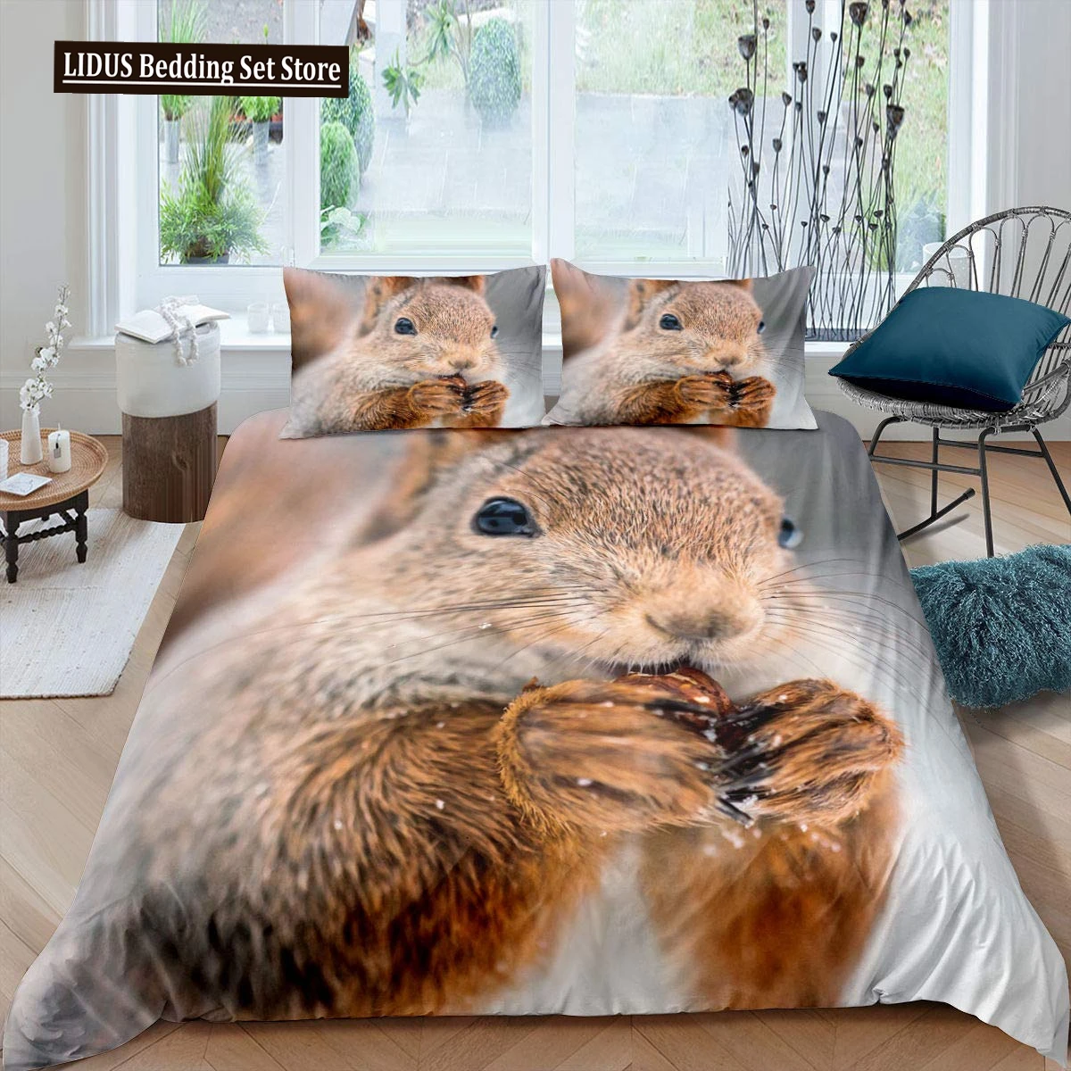 Cute Squirrel Duvet Cover Set Squirrel Bedding Sets 3D Animal Theme Comforter Cover For Boys Girls,Nature Theme Quilt Cover Set