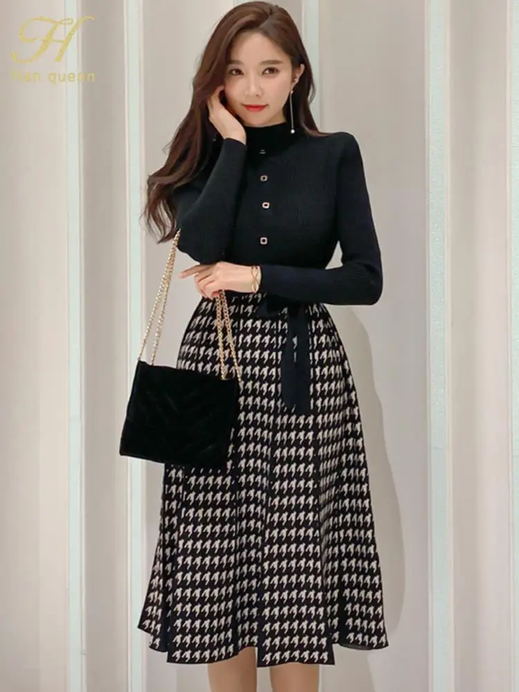 H Han Queen Winter Women Vintage Color block Houndstooth Knitted Dresses Lace-up Office Dress Elegant Bottoming Sweater Vestidos