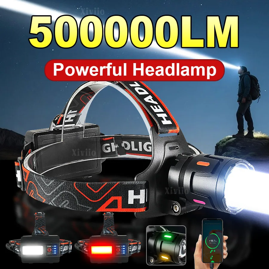 500000LM New Upgrade LED Headlamp Using 18650 Batteries Rechargeable Head Flashlight Type-C Powerful Headlight For Fishing