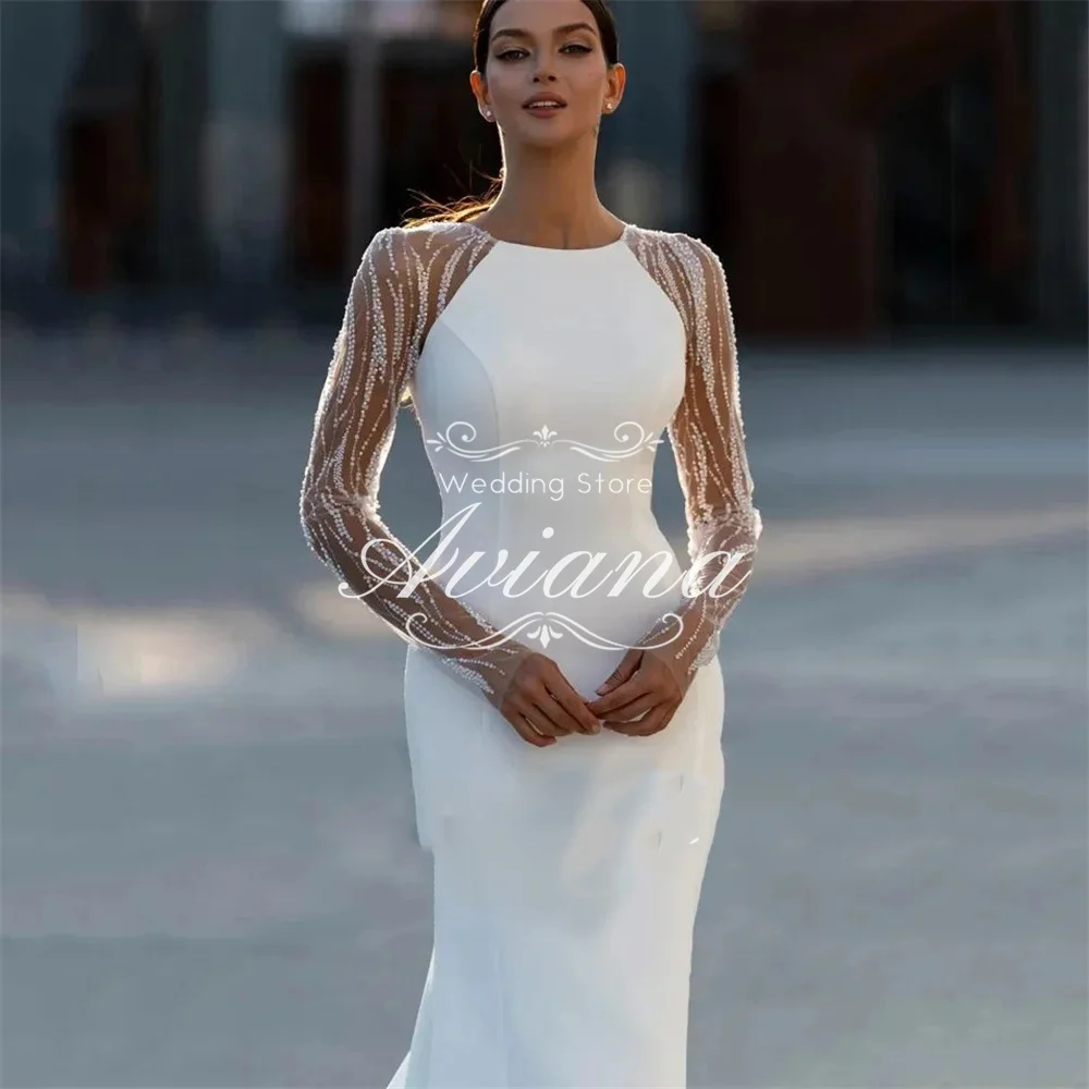 فستان زفاف ساحر مزين بالترتر مخصص من Aviana برقبة دائرية مطرز بأكمام طويلة فستان زفاف حورية البحر أنيق على طراز الأميرة الرسمي