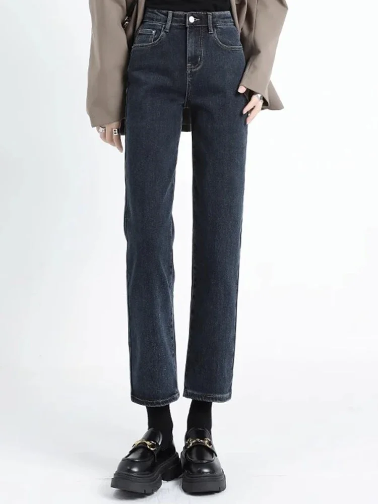 All-match High Waist Drainpipe Jeans Casual Women Narrow Straight Leg Pants Girls Blue Gray Black Gray Denim Trousers Size S-3XL