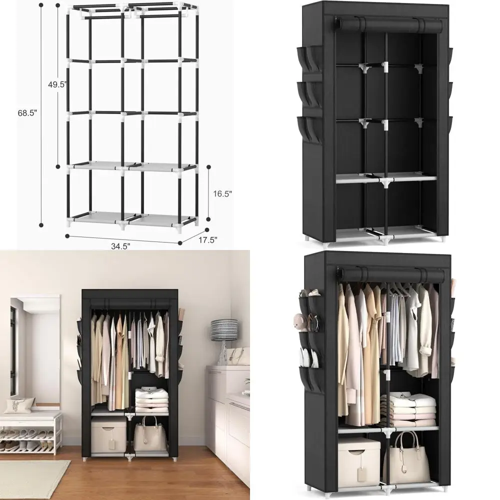 

Free Standing Portable Closet Organizer with 4 Shelves, 2 Rods, 6 Pockets, Cover, Easy Assembly, Black