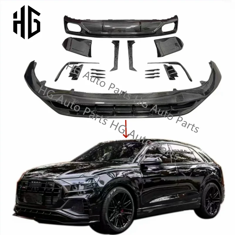 

Tuning To AT Style Carbon Fiber Front Bumper Lip Canards Extensions Rear Spoiler Diffuser with Exhaust Tips Body Kit For Audi Q8