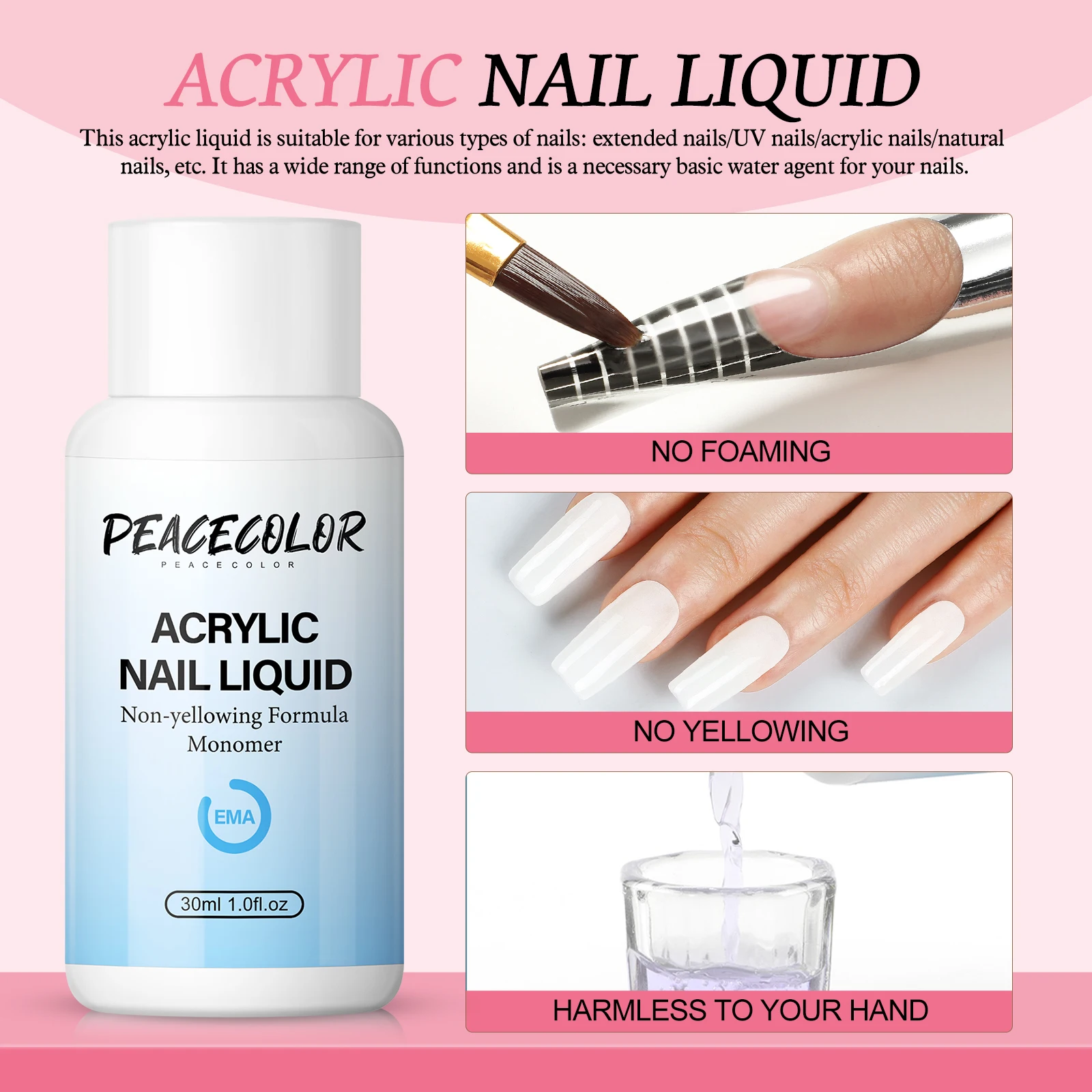 Peacecolor Acryl-Set, 6 W, Nagellampe, 3 Stück, 8 g, Acrylpulver, 30 ml Acryl-Flüssigkeits-Set mit Top- und Basisbeschichtung, Maniküre-Verlängerung