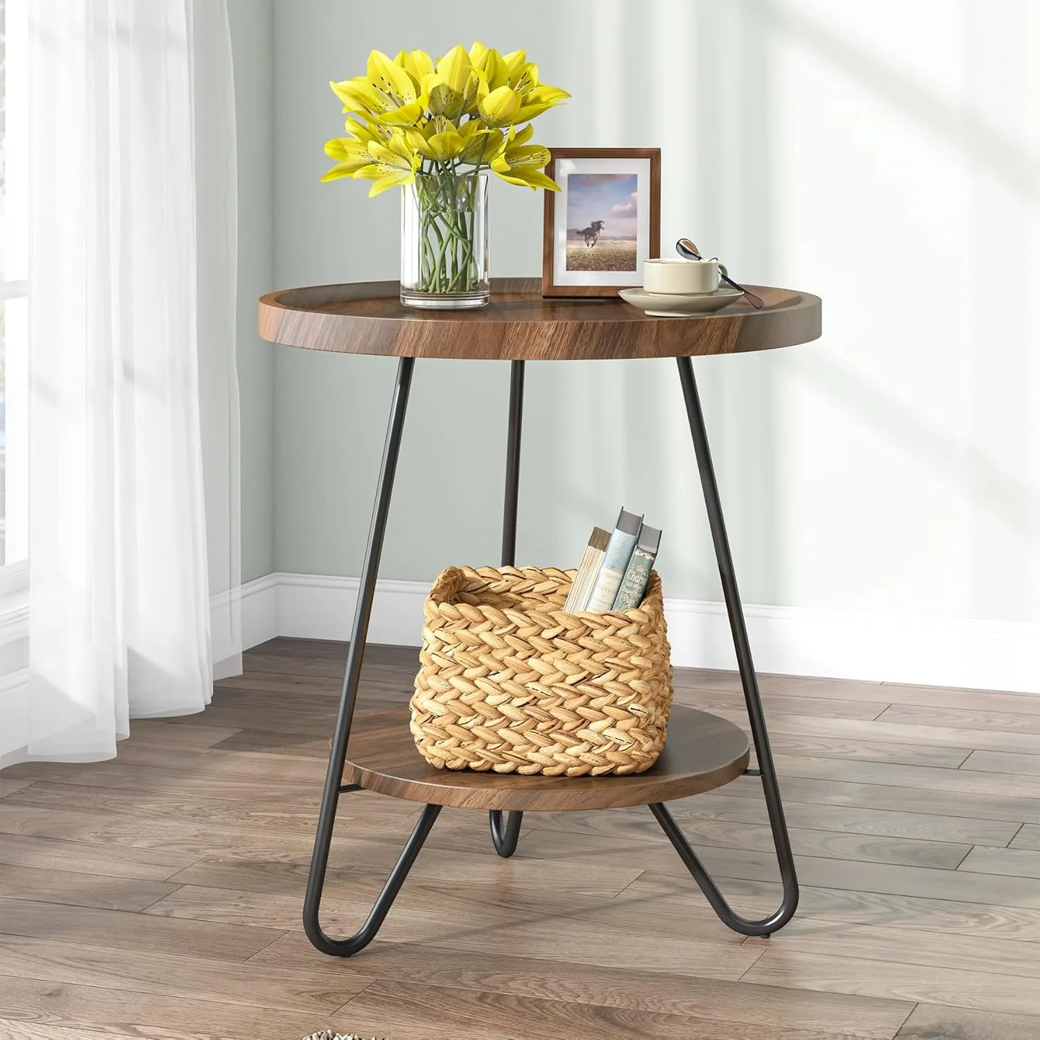 

LITTLE TREE Round Side Table 2-Tier,Modern Industrial Beside Table, Small Accent Snack Table for Living Room Bedroom Small Space