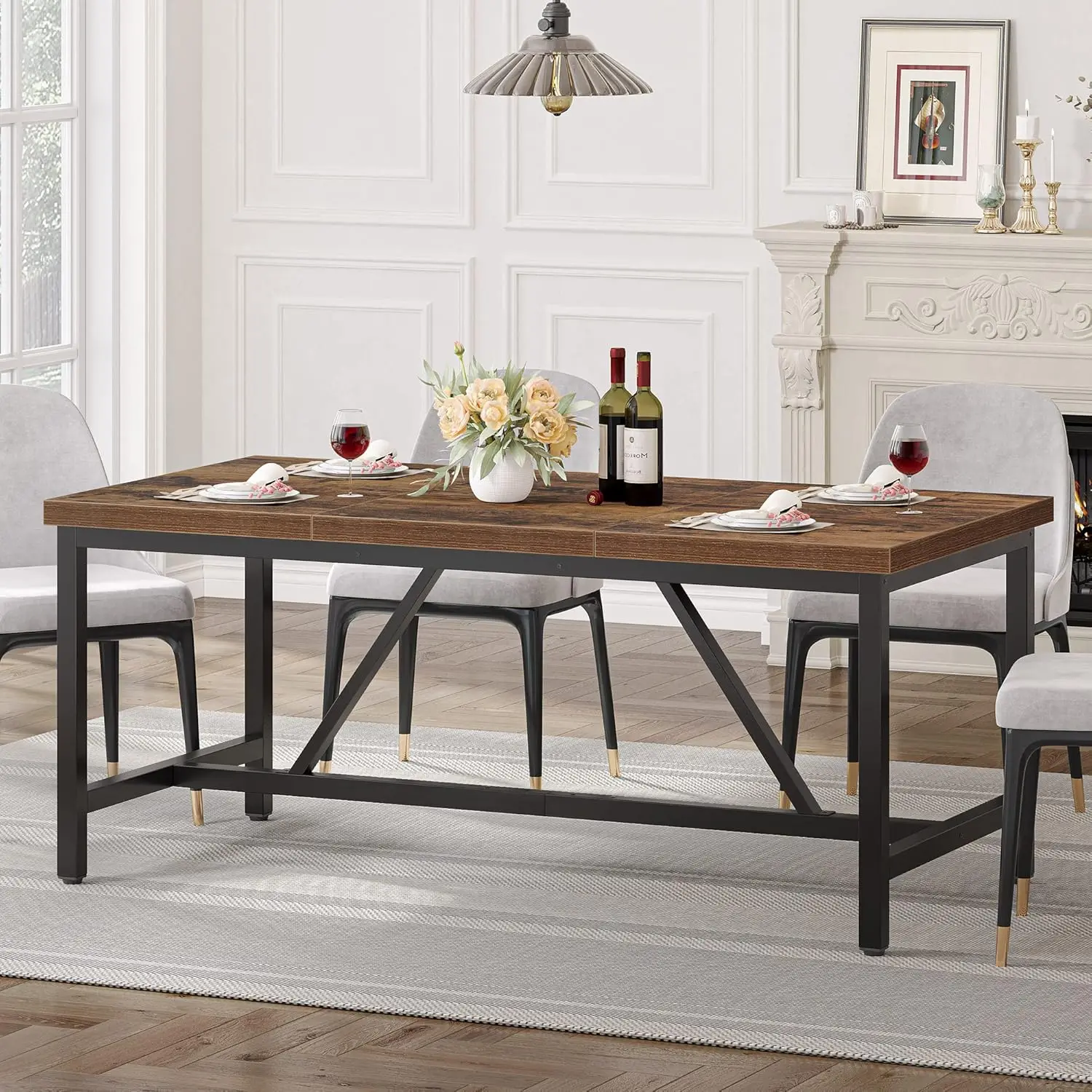 Grande table de salle à manger de cuisine rectangulaire, salle à manger d'appartement, style bois industriel, ferme marron rustique, 70.8 po, 6 à 8 personnes