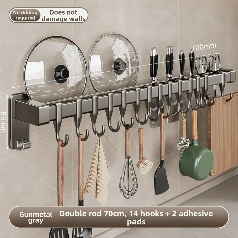 Aluminum Kitchen Organizer Hook Wall Mounted Non Punching Pot Lid Rack Movable Hook Space Saving Kitchen Utensil Organizer