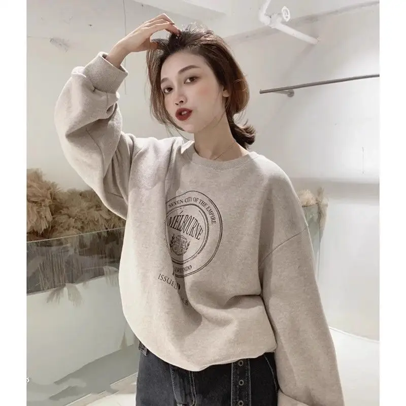 

American retro petite sweatshirt women's autumn and winter 2024 new hot style loose plus velvet round neck hoodless pullover top