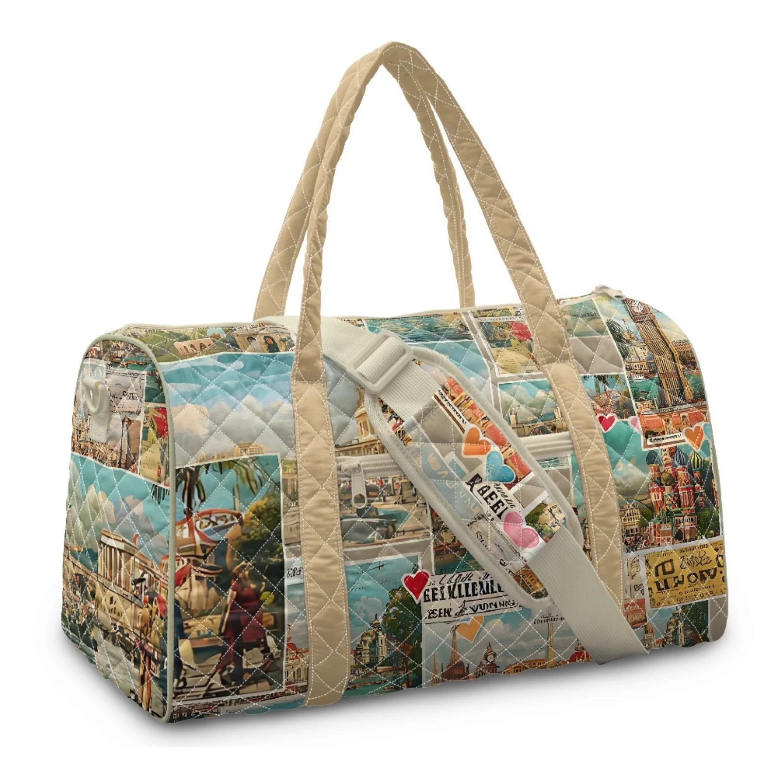 Coloranimal Vintage Travel Print Quilted Tote Bag Polyester Large Capacity Quilted Duffle Bag for Yoga New Trend